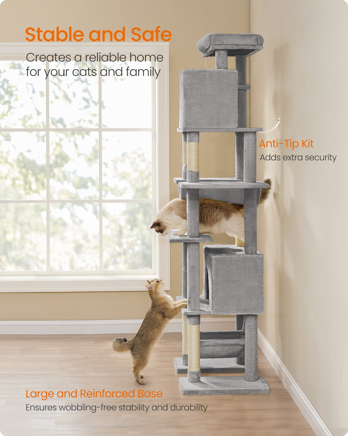 201 cm Tall Cat Tree XXL Large with Scratching Posts Light Grey - image 3
