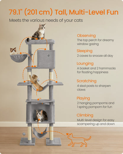 201 cm Tall Cat Tree XXL Large with Scratching Posts Light Grey - image 5