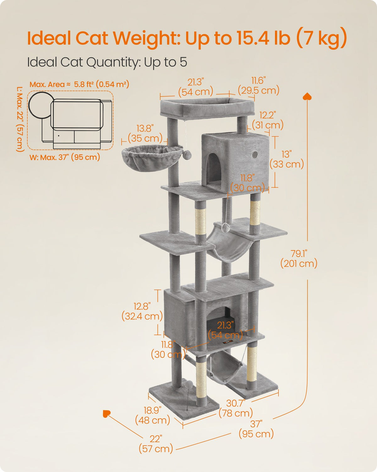 201 cm Tall Cat Tree XXL Large with Scratching Posts Light Grey - image 6