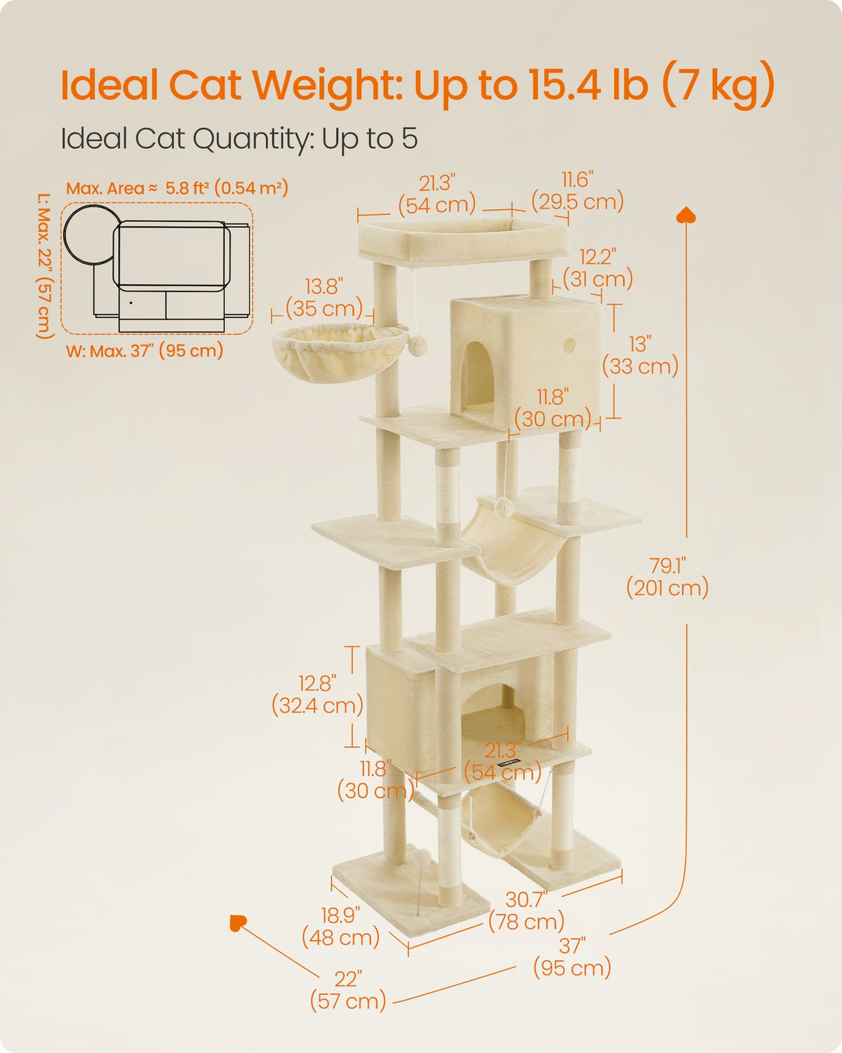 201 cm Tall Cat Tree XXL Large with Scratching Posts Light Grey - image 3