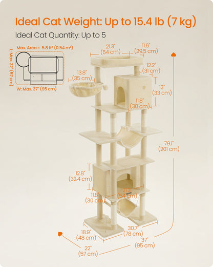 201 cm Tall Cat Tree XXL Large with Scratching Posts Light Grey - image 3