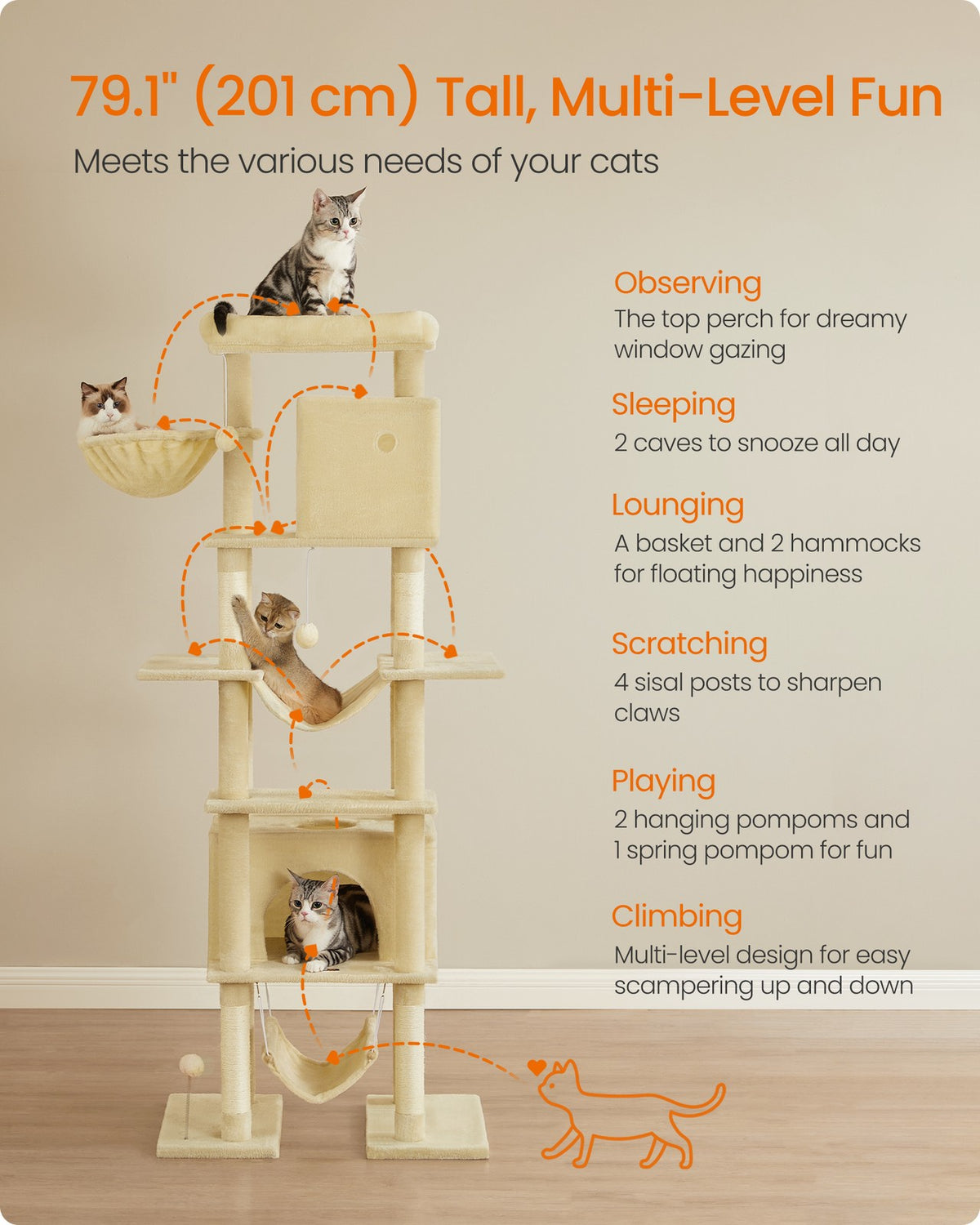 201 cm Tall Cat Tree XXL Large with Scratching Posts Light Grey - image 6