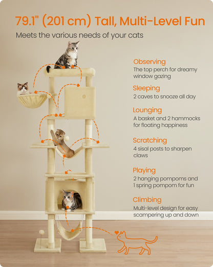 201 cm Tall Cat Tree XXL Large with Scratching Posts Light Grey - image 6