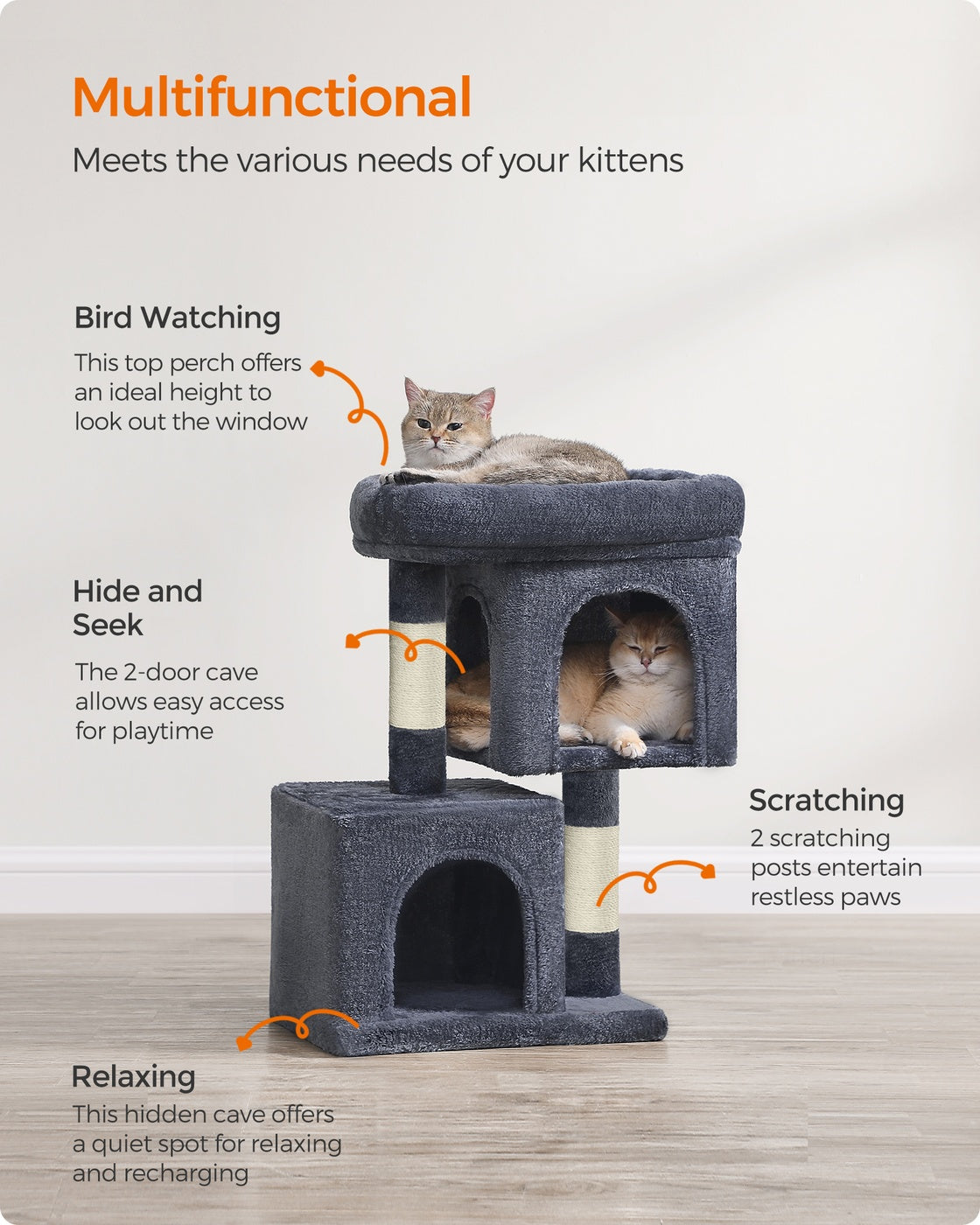 Cat Tree Tower 67 cm for Kittens up to 3 kg 2 Caves Light Grey - image 45