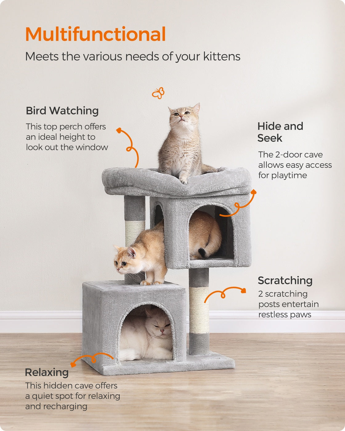 Cat Tree Tower 67 cm for Kittens up to 3 kg 2 Caves Light Grey - image 5