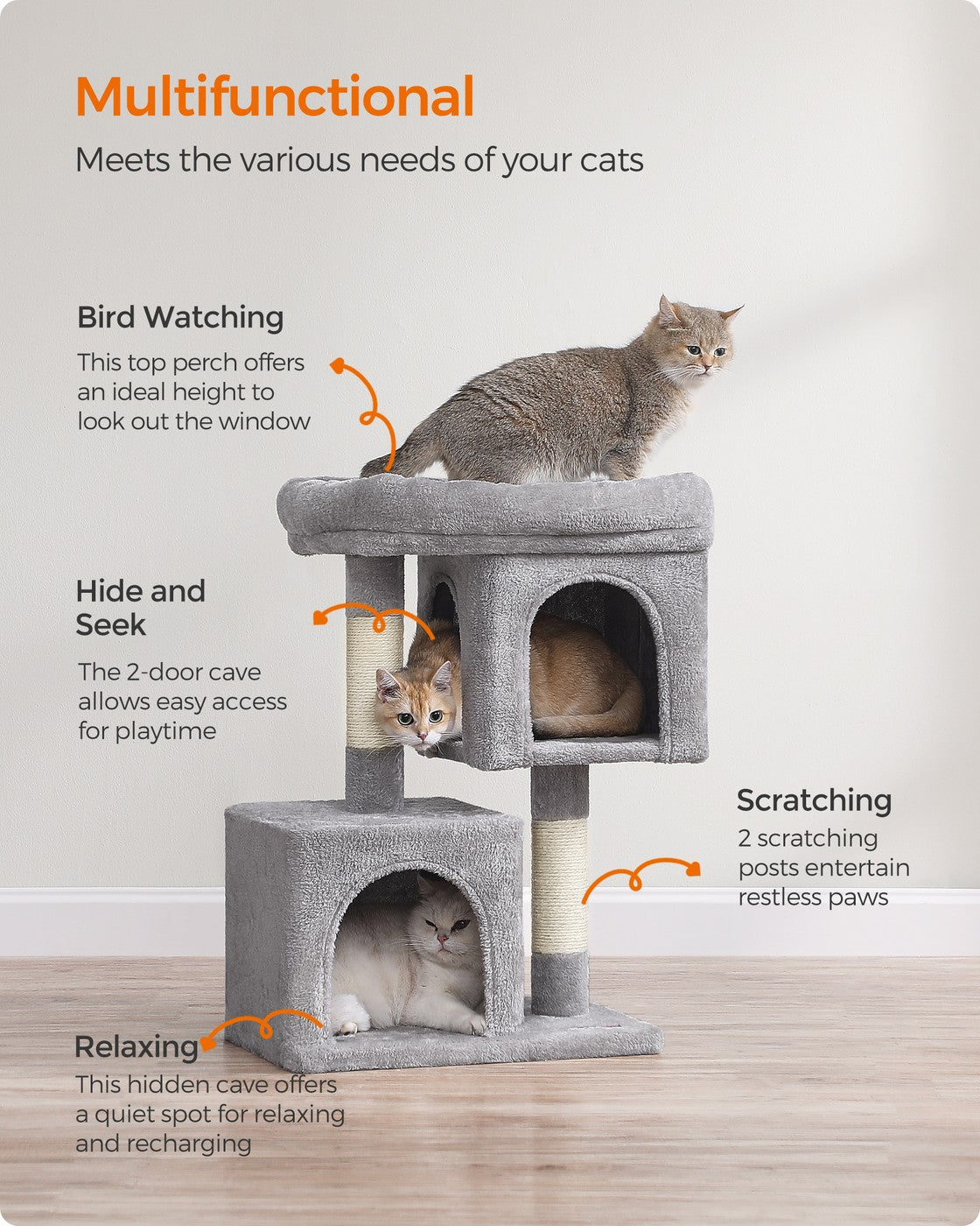 Cat Tree Tower 67 cm for Kittens up to 3 kg 2 Caves Light Grey - image 18
