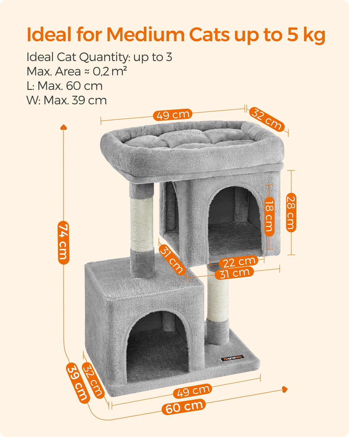 Cat Tree Tower 67 cm for Kittens up to 3 kg 2 Caves Light Grey - image 20
