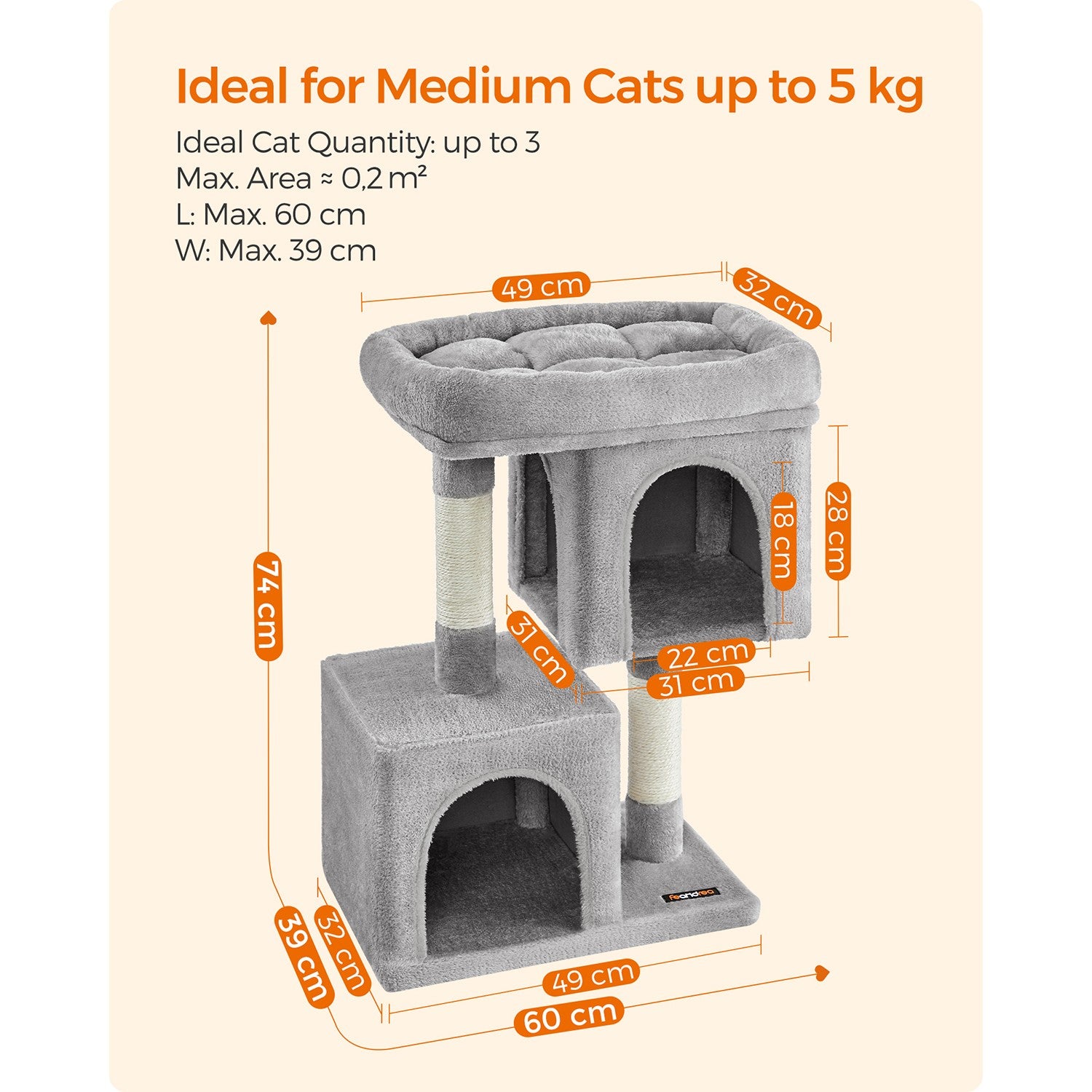Cat Tree Tower 67 cm for Kittens up to 3 kg 2 Caves Light Grey - image 21