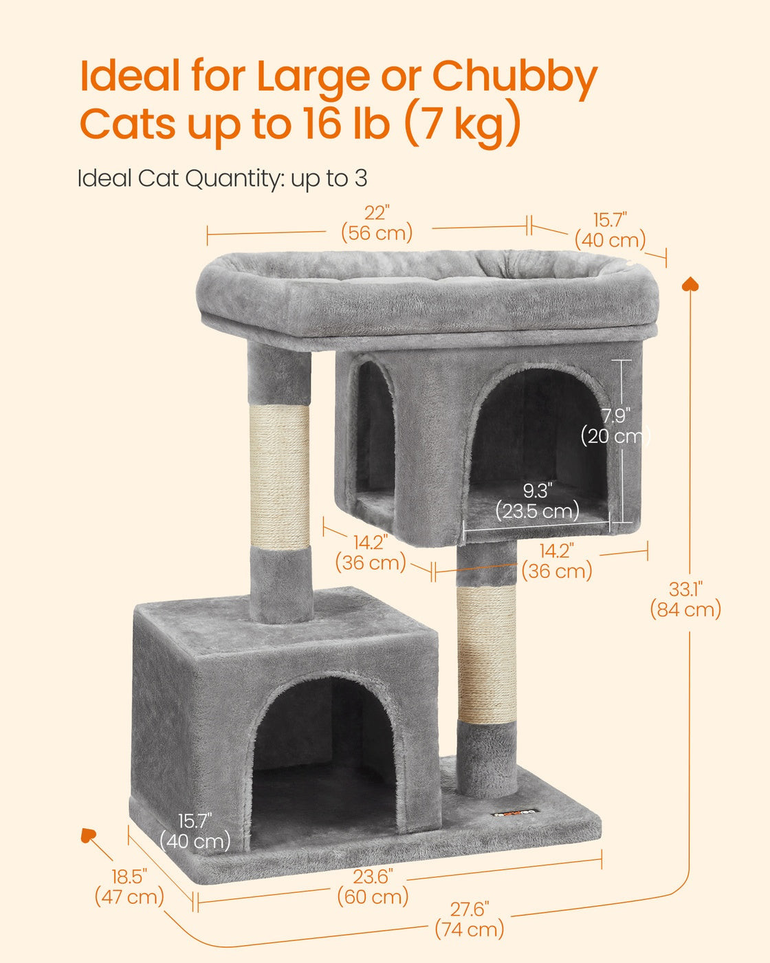 Cat Tree Tower 67 cm for Kittens up to 3 kg 2 Caves Light Grey - image 57