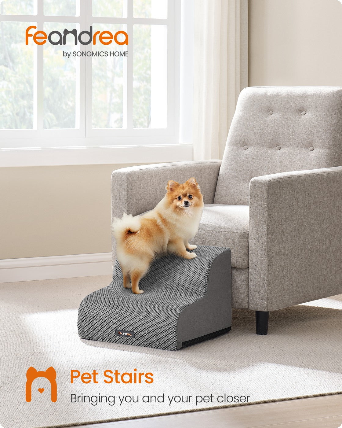 2-Step Dog Stairs Waffle-Patterned Corduroy Dog Steps for Bed Dove Grey - image 2