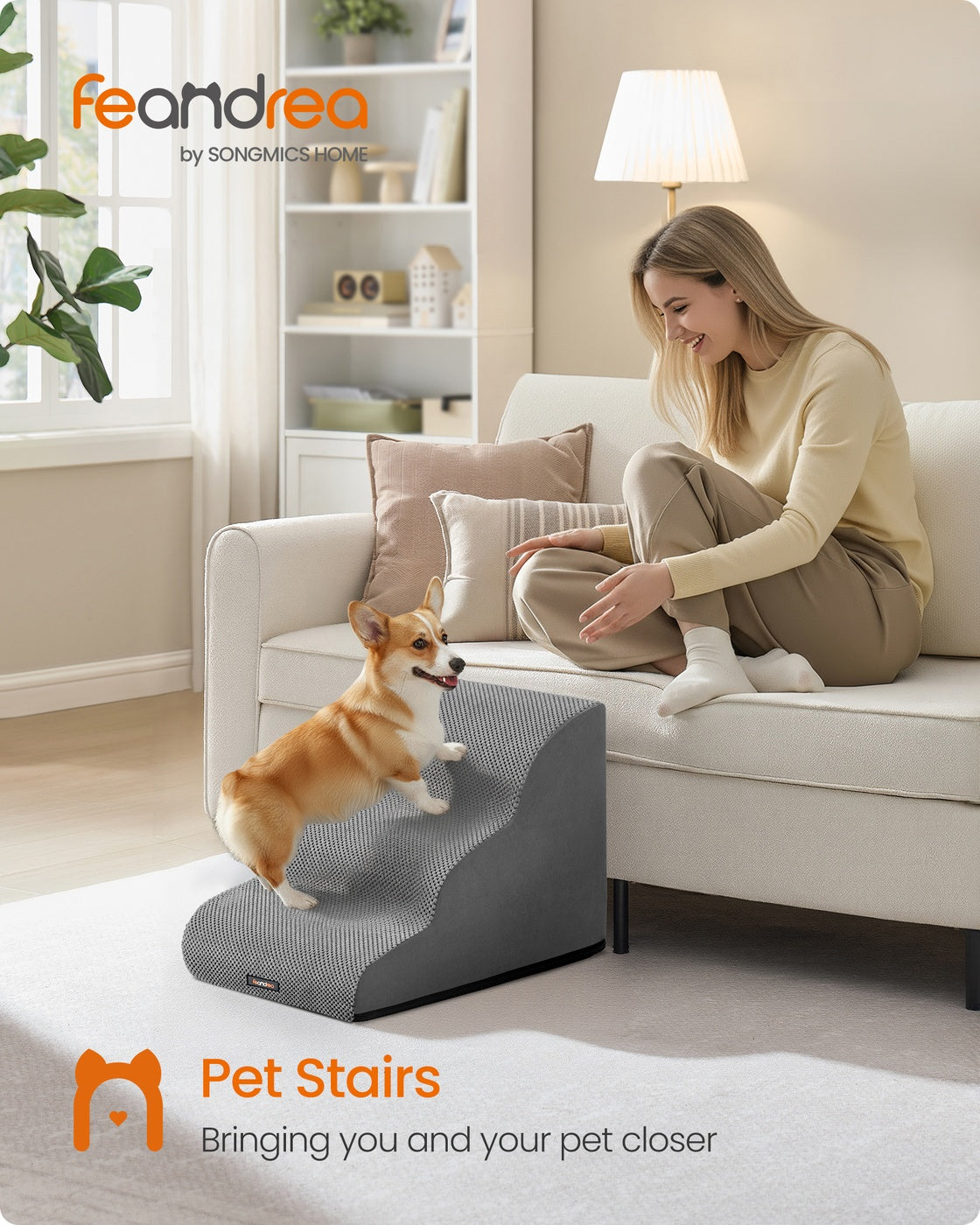 2-Step Dog Stairs Waffle-Patterned Corduroy Dog Steps for Bed Dove Grey - image 8