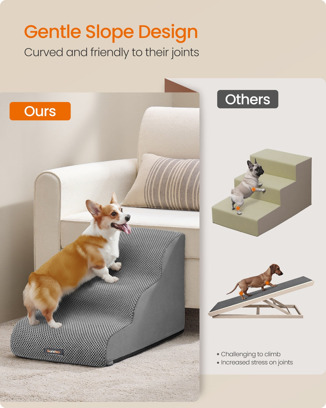 2-Step Dog Stairs Waffle-Patterned Corduroy Dog Steps for Bed Dove Grey - image 9
