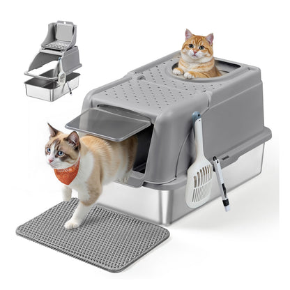 Stainless Steel Cat Litter Box with Flip Lid XL for Cats up to 15 kg Dove Grey - image 1
