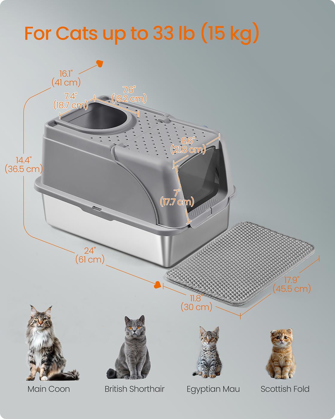 Stainless Steel Cat Litter Box with Flip Lid XL for Cats up to 15 kg Dove Grey - image 6