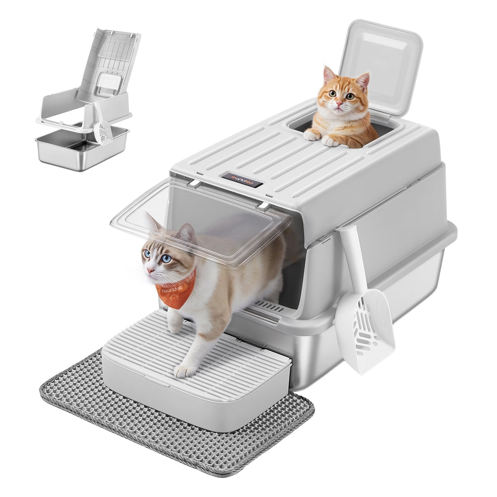 Stainless Steel Cat Litter Box with Flip Lid 2 Doors for Cats up to 15 kg Light Grey - image 1