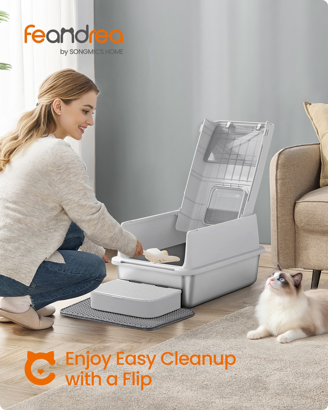 Stainless Steel Cat Litter Box with Flip Lid 2 Doors for Cats up to 15 kg Light Grey - image 2