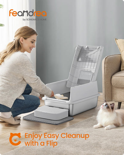 Stainless Steel Cat Litter Box with Flip Lid 2 Doors for Cats up to 15 kg Light Grey - image 2