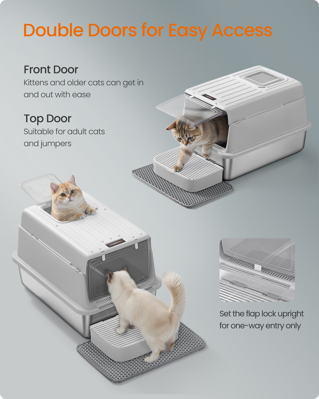 Stainless Steel Cat Litter Box with Flip Lid 2 Doors for Cats up to 15 kg Light Grey - image 5
