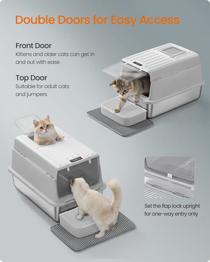 Stainless Steel Cat Litter Box with Flip Lid 2 Doors for Cats up to 15 kg Light Grey - image 5