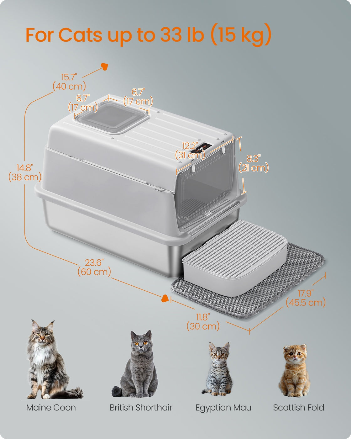 Stainless Steel Cat Litter Box with Flip Lid 2 Doors for Cats up to 15 kg Light Grey - image 6