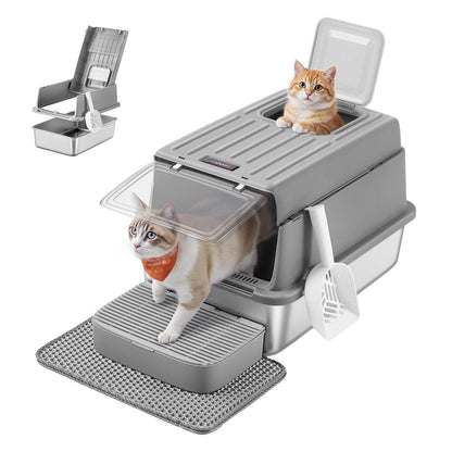 Stainless Steel Cat Litter Box with Flip Lid 2 Doors for Cats up to 15 kg Light Grey - image 8