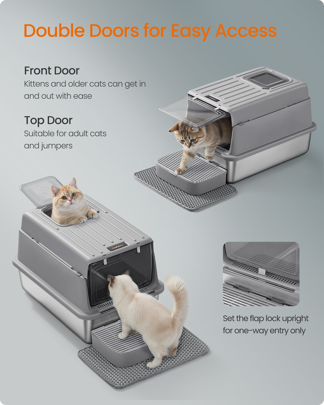 Stainless Steel Cat Litter Box with Flip Lid 2 Doors for Cats up to 15 kg Light Grey - image 12