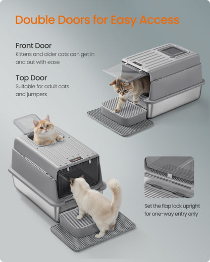 Stainless Steel Cat Litter Box with Flip Lid 2 Doors for Cats up to 15 kg Dove Grey - image 5