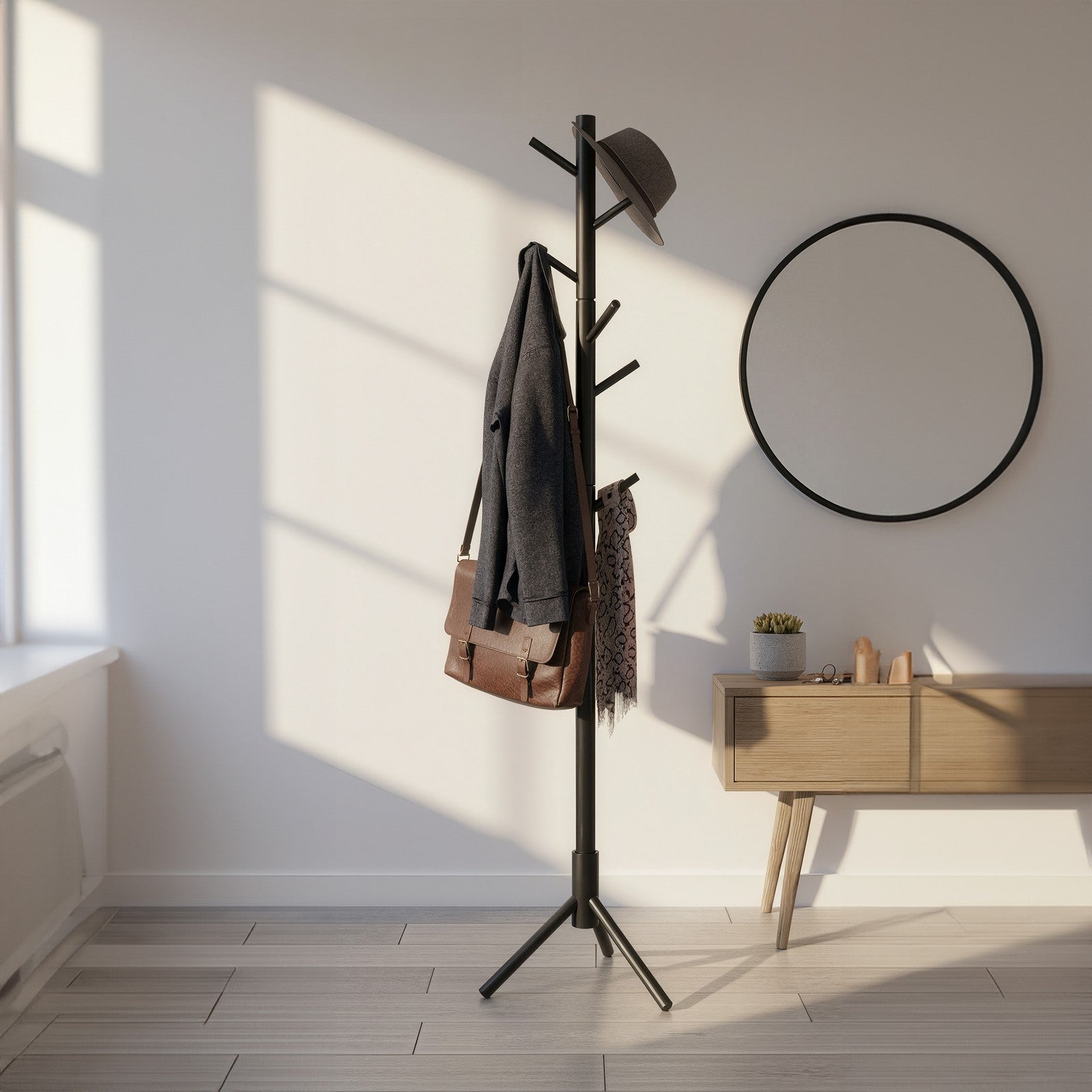 Standing Coat Rack, Solid Wood Tree-Shaped Coat Rack with 8 Hooks, 3 Height Options - image 11