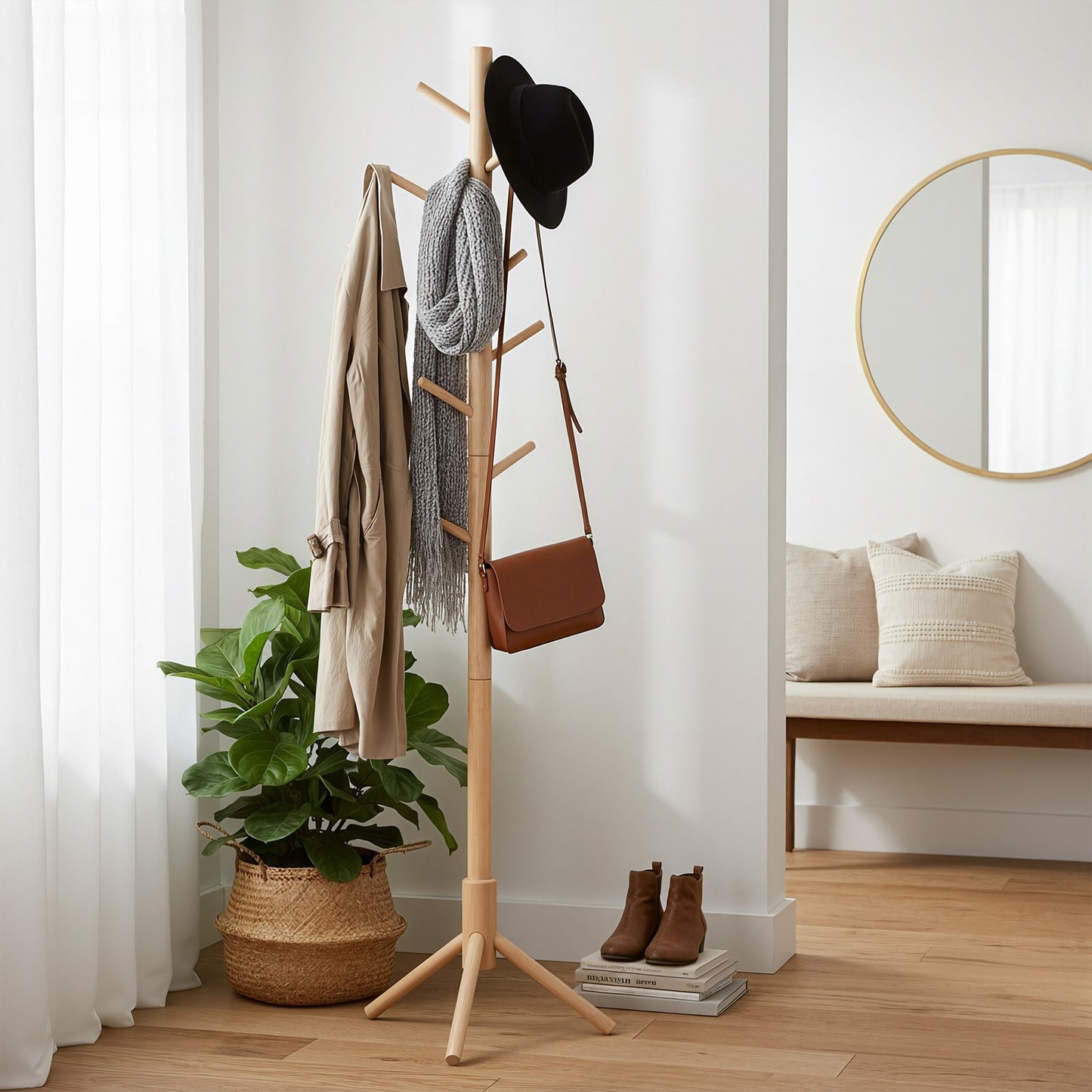 Standing Coat Rack, Solid Wood Tree-Shaped Coat Rack with 8 Hooks, 3 Height Options - image 2