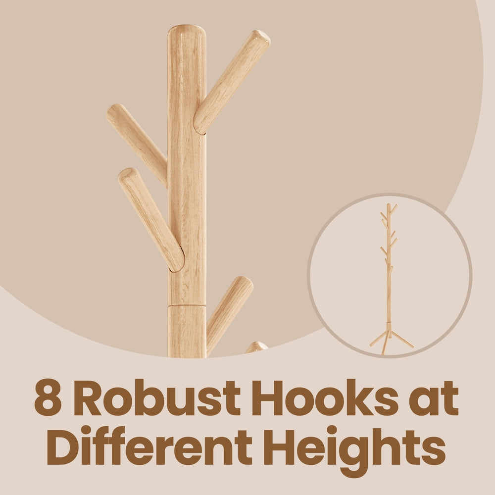 Standing Coat Rack, Solid Wood Tree-Shaped Coat Rack with 8 Hooks, 3 Height Options - image 5