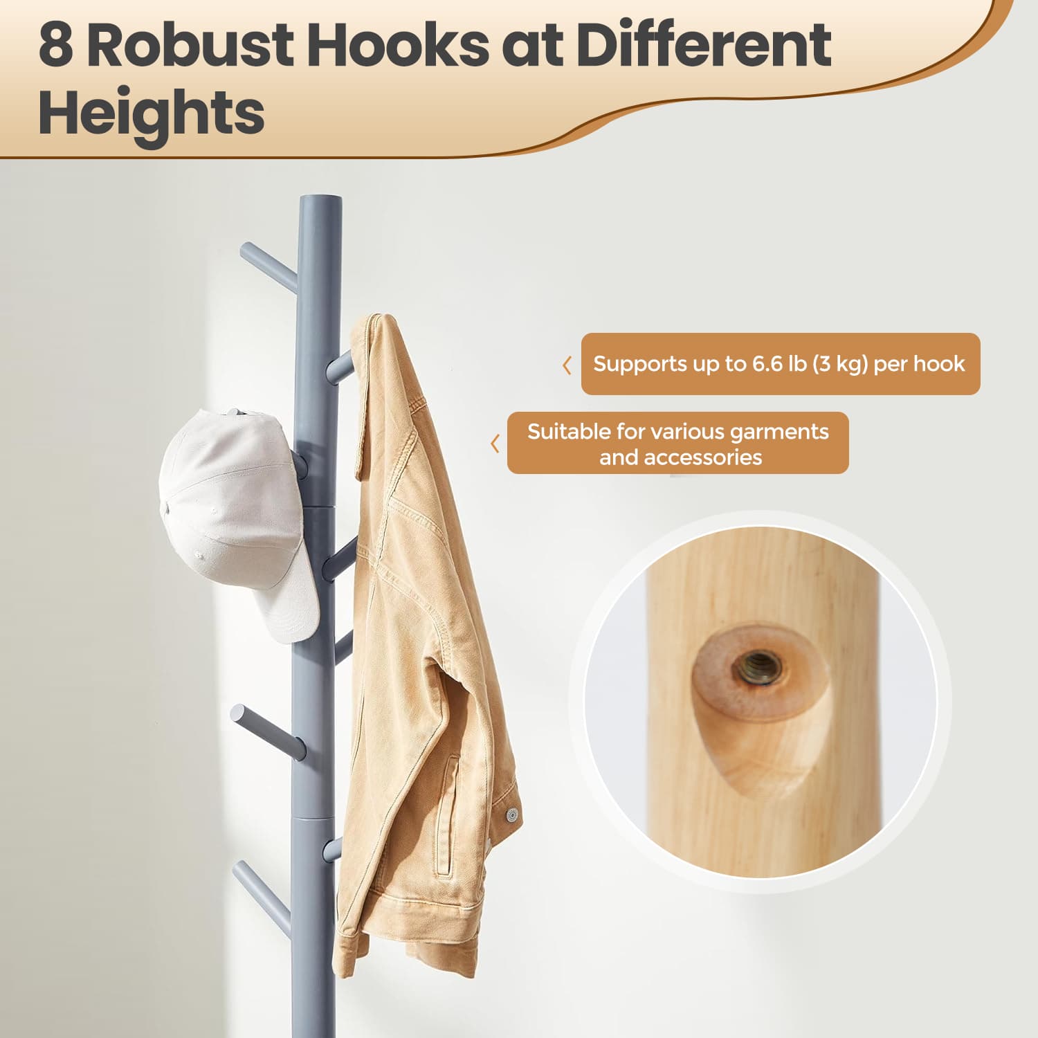 Standing Coat Rack, Solid Wood Tree-Shaped Coat Rack with 8 Hooks, 3 Height Options - image 23