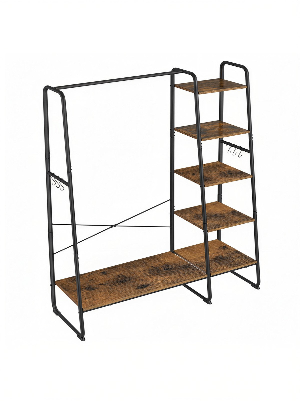 Garment Rack with 5-Tier Shelves, Clothes Storage Rack, 6 Hooks, for Living Room or Bedroom, Brown and Black - image 1