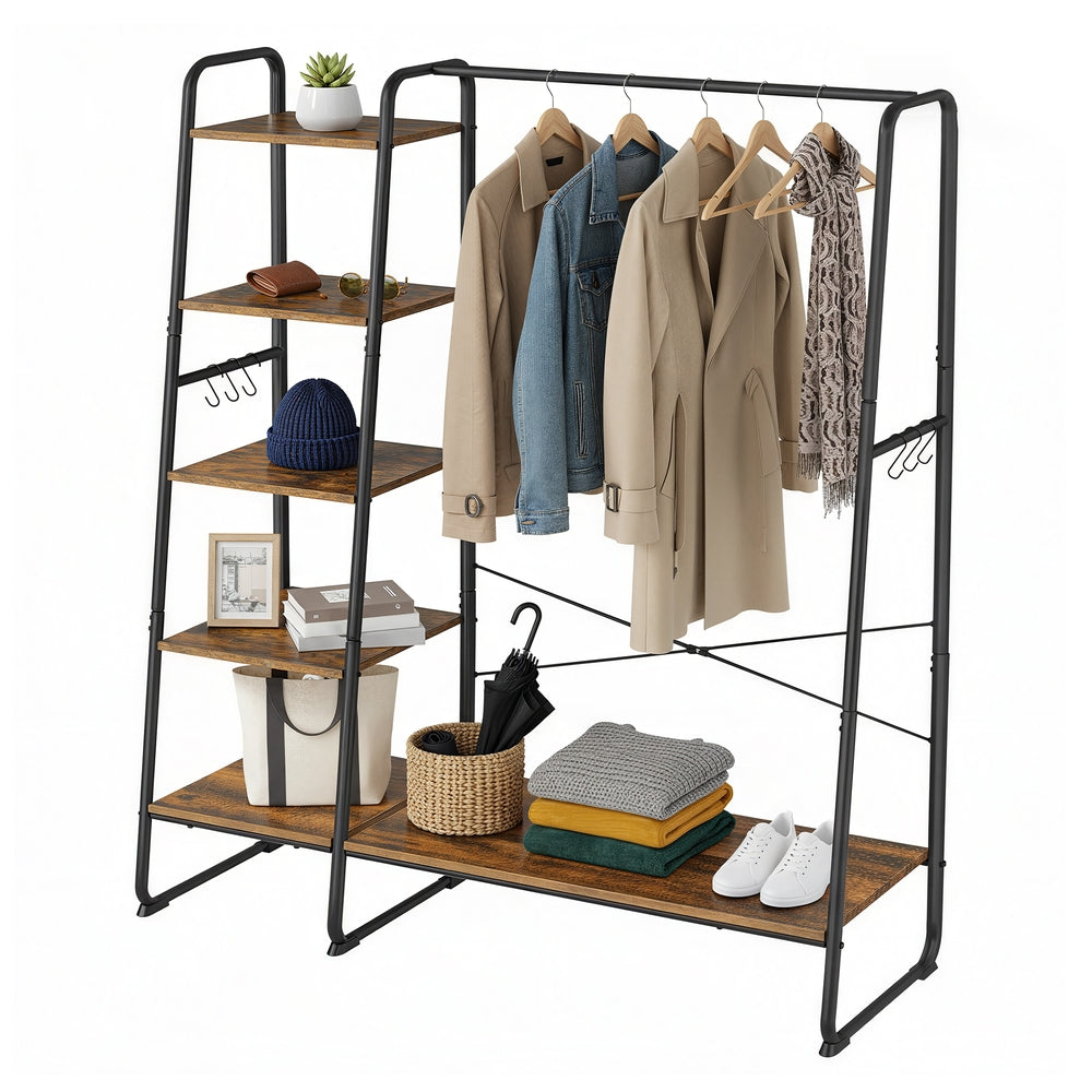 Garment Rack with 5-Tier Shelves, Clothes Storage Rack, 6 Hooks, for Living Room or Bedroom, Brown and Black - image 2