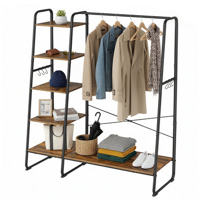 Garment Rack with 5-Tier Shelves, Clothes Storage Rack, 6 Hooks, for Living Room or Bedroom, Brown and Black - image 2