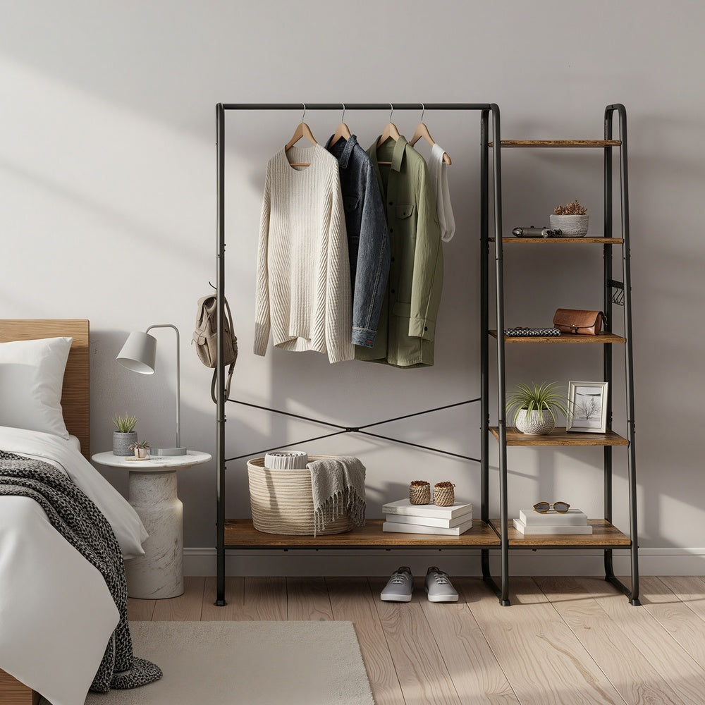 Garment Rack with 5-Tier Shelves, Clothes Storage Rack, 6 Hooks, for Living Room or Bedroom, Brown and Black - image 3