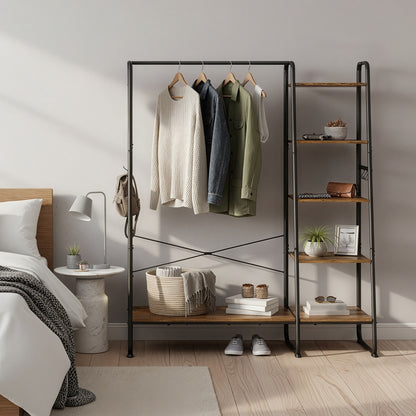 Garment Rack with 5-Tier Shelves, Clothes Storage Rack, 6 Hooks, for Living Room or Bedroom, Brown and Black - image 3