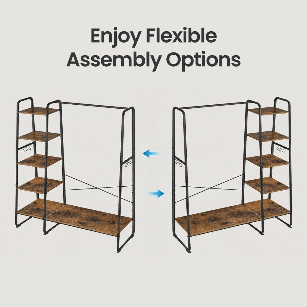 Garment Rack with 5-Tier Shelves, Clothes Storage Rack, 6 Hooks, for Living Room or Bedroom, Brown and Black - image 4