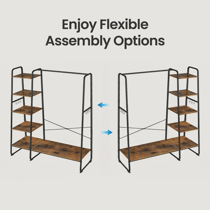 Garment Rack with 5-Tier Shelves, Clothes Storage Rack, 6 Hooks, for Living Room or Bedroom, Brown and Black - image 4
