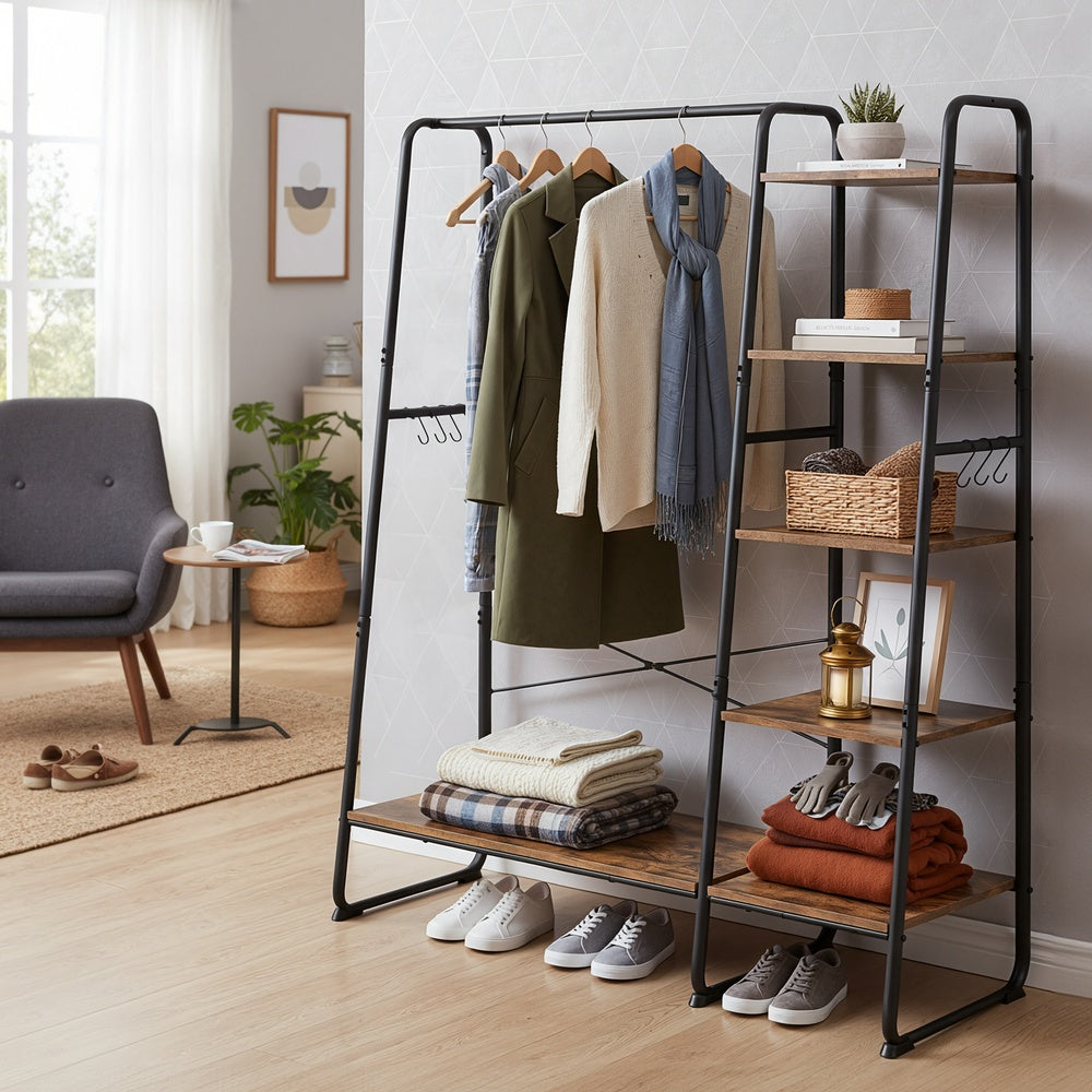 Garment Rack with 5-Tier Shelves, Clothes Storage Rack, 6 Hooks, for Living Room or Bedroom, Brown and Black - image 6