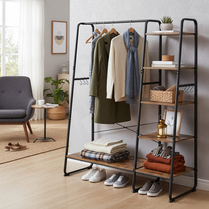 Garment Rack with 5-Tier Shelves, Clothes Storage Rack, 6 Hooks, for Living Room or Bedroom, Brown and Black - image 6