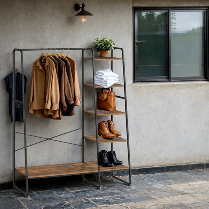 Garment Rack with 5-Tier Shelves, Clothes Storage Rack, 6 Hooks, for Living Room or Bedroom, Brown and Black - image 8
