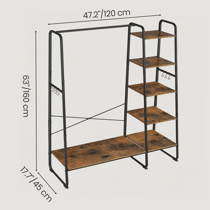 Garment Rack with 5-Tier Shelves, Clothes Storage Rack, 6 Hooks, for Living Room or Bedroom, Brown and Black - image 9