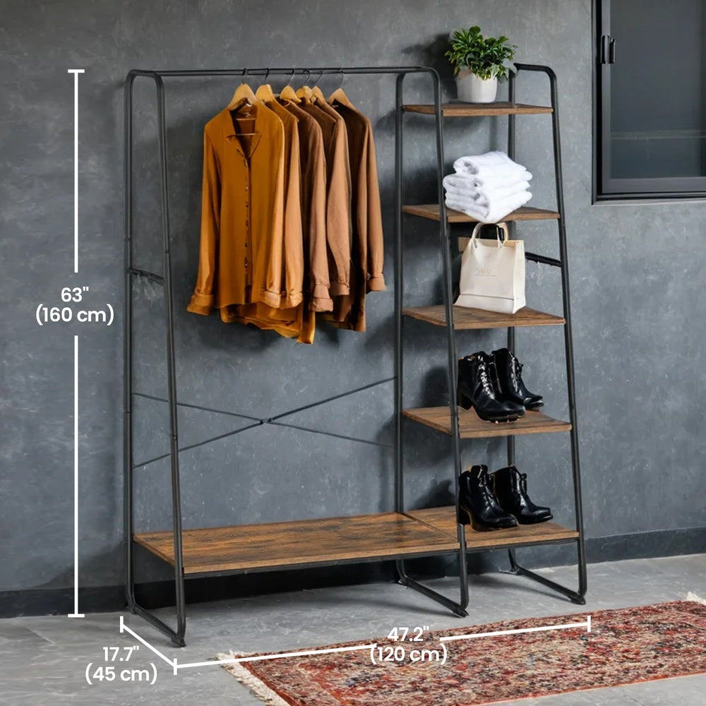Garment Rack with 5-Tier Shelves, Clothes Storage Rack, 6 Hooks, for Living Room or Bedroom, Brown and Black - image 11