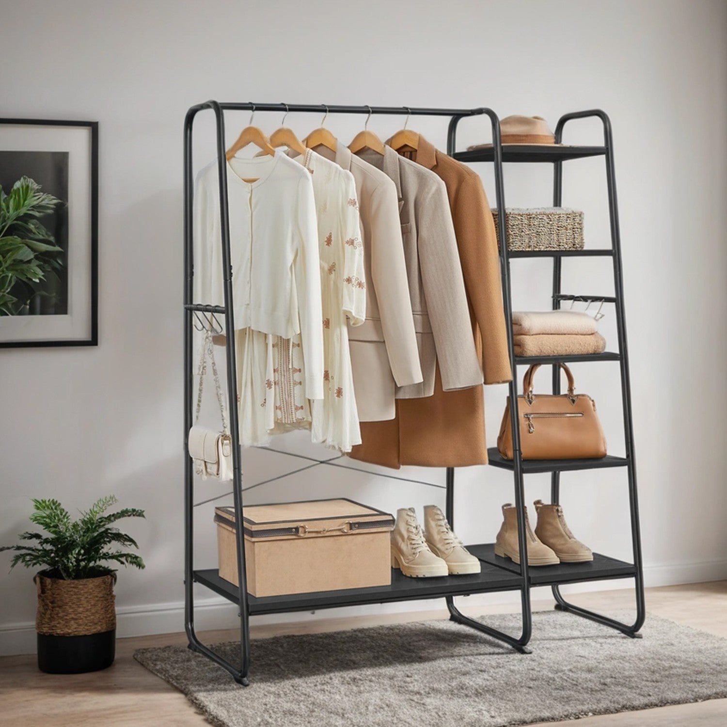 Garment Rack with 5-Tier Shelves, Clothes Storage Rack, 6 Hooks, for Living Room or Bedroom, Brown and Black - image 13
