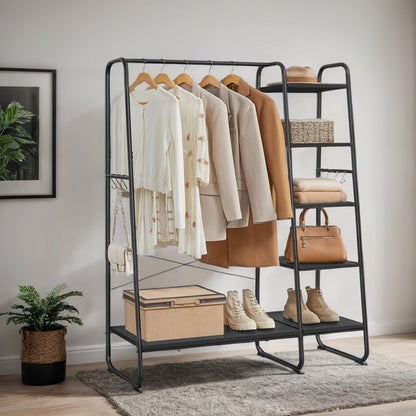 Garment Rack with 5-Tier Shelves, Clothes Storage Rack, 6 Hooks, for Living Room or Bedroom, Brown and Black - image 13