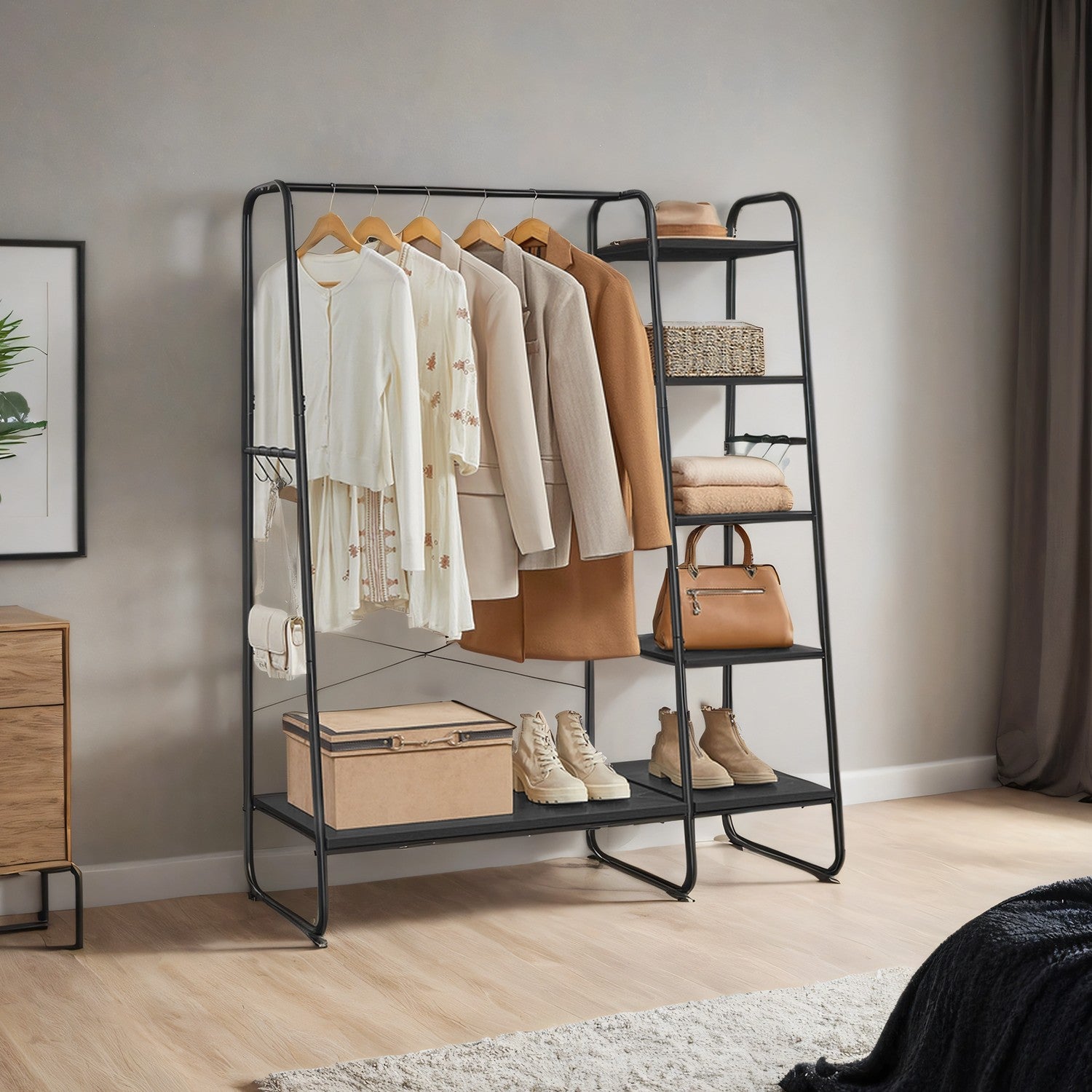 Garment Rack with 5-Tier Shelves, Clothes Storage Rack, 6 Hooks, for Living Room or Bedroom, Brown and Black - image 14