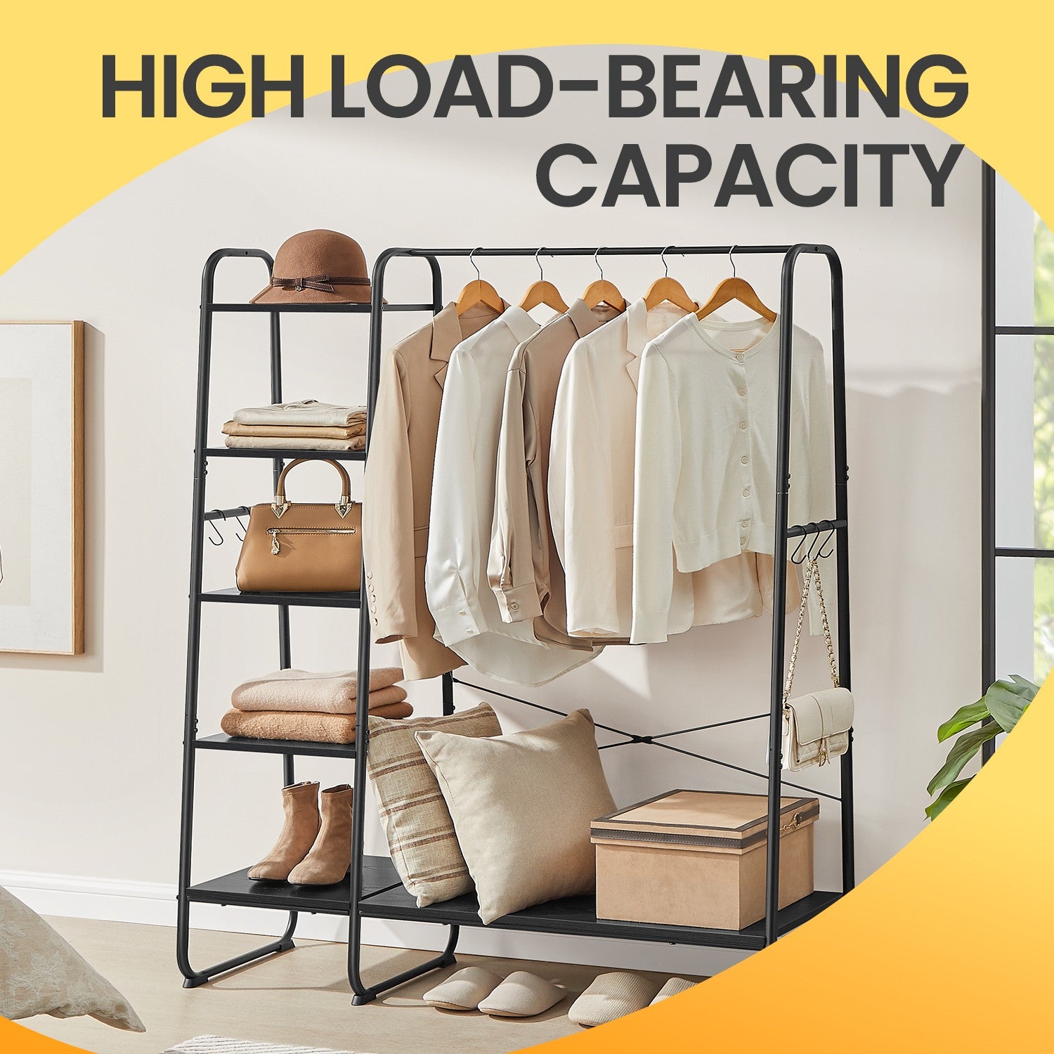 Garment Rack with 5-Tier Shelves, Clothes Storage Rack, 6 Hooks, for Living Room or Bedroom, Brown and Black - image 17