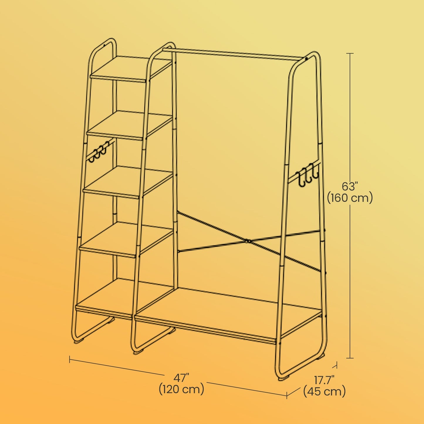 Garment Rack with 5-Tier Shelves, Clothes Storage Rack, 6 Hooks, for Living Room or Bedroom, Brown and Black - image 18