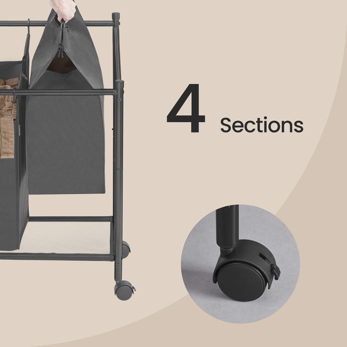 Mobile Laundry Organizer Cart With 4 Detachable Bags, Rolling Hamper Basket Trolley For Bedroom Bathroom - image 4