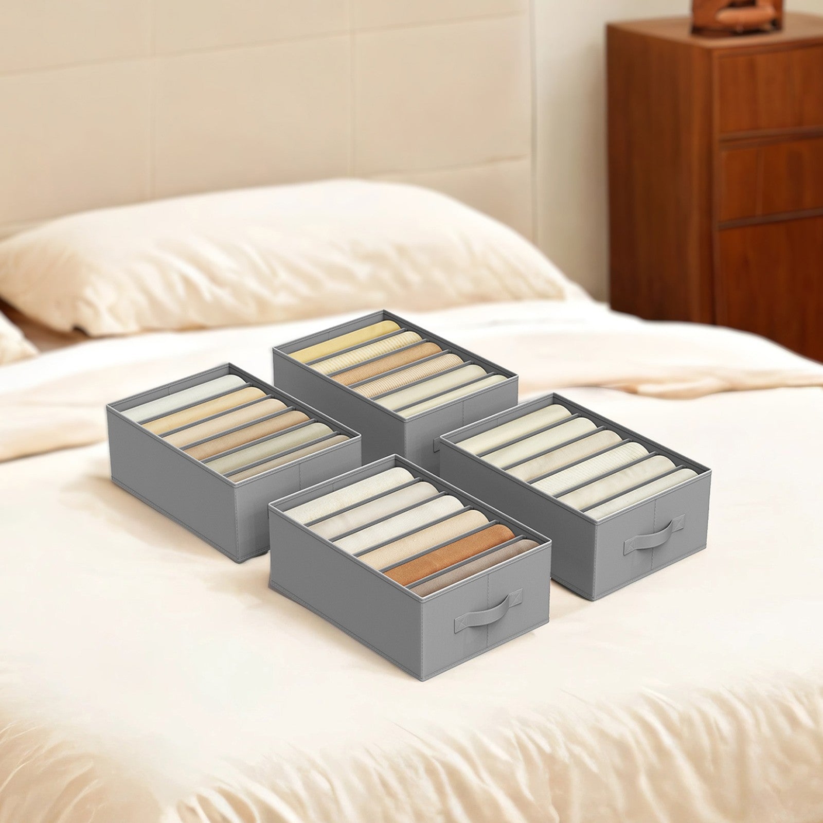 Set of 4 Wardrobe Clothes Organizers, 6-Compartment Foldable Drawer Organizers, Gray - image 3